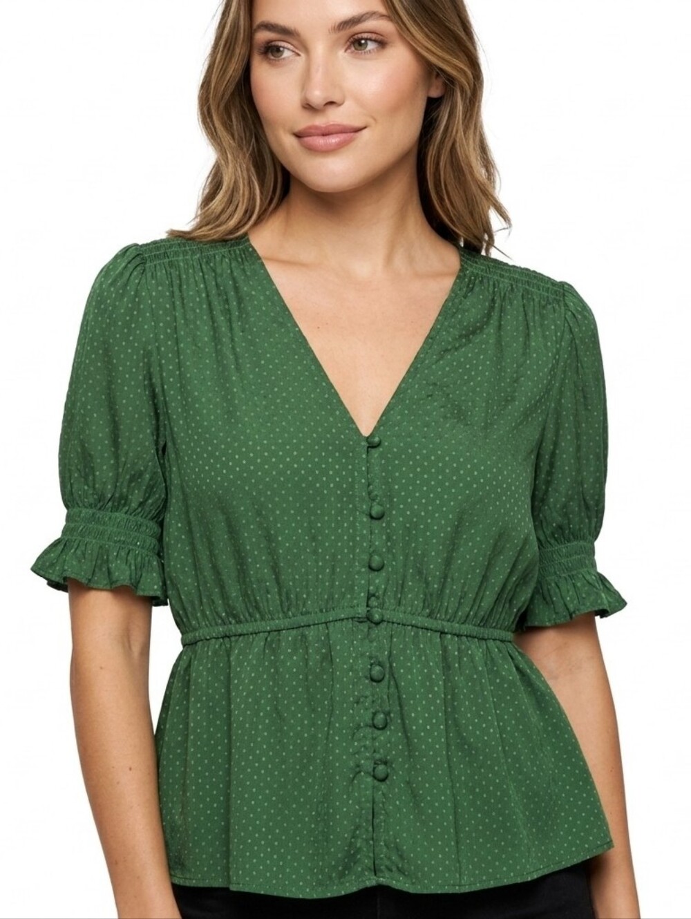 Ten Sixty Sherman Emerald Green Dot Button-Front Peplum Blouse